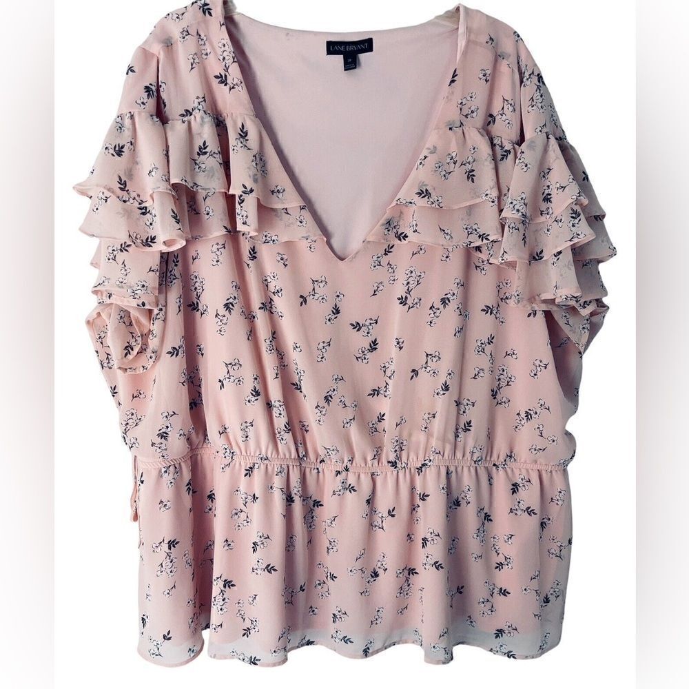 Lane Bryant Top Pink Floral Ruffle Blouse V-Neck Short Ruffle Sleeve Chiffon 28